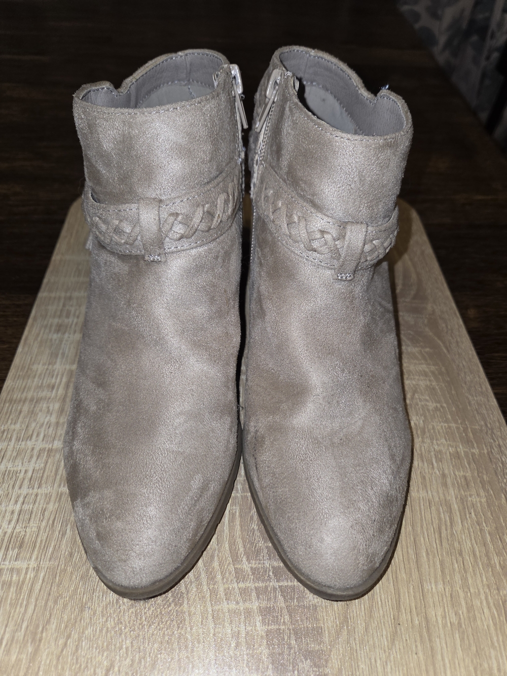 Indigo Road Taupe Braided Suede Ankle Booties with Stacked Heel - Picture 2 of 9